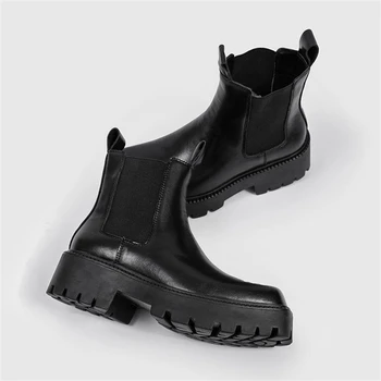 Кожени Ботуши на Платформа в Британския стил, мъжки Ботильоны не сужающемся надолу масивна обувки, мъжки Ежедневни Обувки с Квадратни пръсти, Обувки Челси, Botas Hombre
