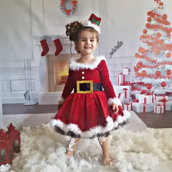 Коледно детско флисовое рокля за малки момичета с Кръгло деколте и дълги ръкави, пола с висока талия и цип отзад, празнични елегантни рокли Дядо Коледа от 1 до 7 години