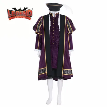 Крал Хенри Тюдор Период на Средновековието Мъжете cosplay лилаво облекло лорд крал на Мъжки Костюми тюдор туника палто, шапка,