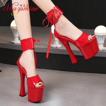 Летен нощен клуб Червен стриптизьорка обувки възрастни жени на 20 см ток, сандали на платформа плътен цвят каишка на глезена лачени модели обувки