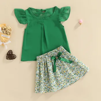 Летни дрехи за момиченца от 2 теми, Однотонная тениска с дълъг ръкав + комплект мини-поли с цветен модел