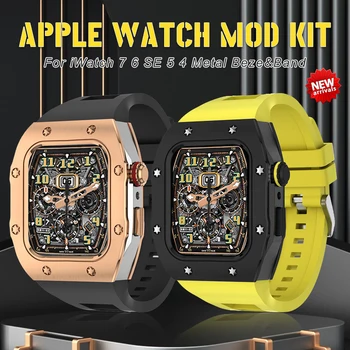 Луксозен Комплект Модификация На Apple Watch 8 7 6 5 4 Метална Рамка Bezel Каишка За Часовник iWatch серия 44 мм 45 мм Корпус От неръждаема Стомана