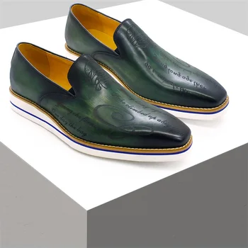 Модерен мъжки ежедневни обувки, зелени удобни лоферы на равна подметка, класически кожени обувки ръчна изработка с остри пръсти, офис банкетни мъжки кожени обувки