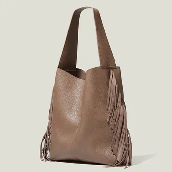 Модерна дамска чанта на рамото с пискюли, Големи голям Брандираната дизайнерска чанта-кофа, Чанти и портмонета, големи Чанти от изкуствена кожа, алуминиеви композитни панели чанта