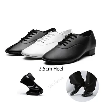 Мъжки модерни обувки за латинските танци на нисък ток 2,5 cm, Черни, Бели, за балните танци, Танго, Салса, Валс, Танцови обувки, Маратонки, Отгоре от изкуствена кожа, DS087