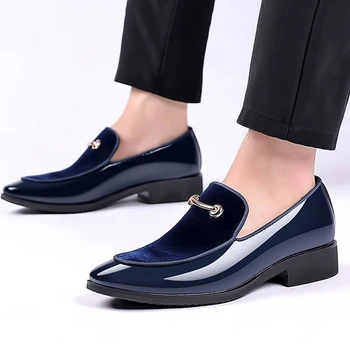 Мъжки обувки за бала, Черна лачена обувки за Мъже, Елегантен Италиански обувки, мъжки лоферы без закопчалка, мъжки кадифени обувки с остър пръсти размер Плюс
