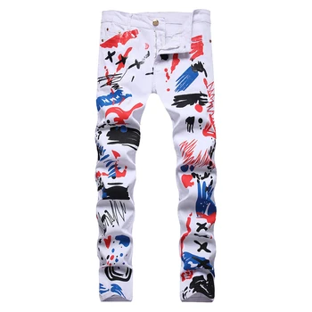 Мъжки Цветни Дънки с Принтом, Модни Y2K, Бели Дънкови Панталони-участък, Тесни, прави Панталони