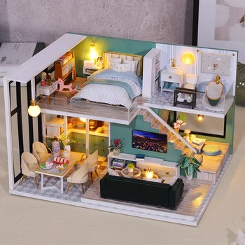 Направи си САМ Миниатюрна Дървена Кукла Къща Комплект Модерен Таванско помещение Casa Куклена Къща С Мебели Roombox Събрана 3D Модел на Играчки за Момичета Подаръци