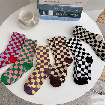 Нова Мода harajuku шахматната дъска, чорапи дамски хип поп градинска памучни чорапи-тръба каре трикотаж носочные изделия колеж стил Японски моден
