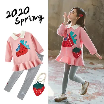 Нови пролетни комплекти дрехи за момичета, Детски Спортен Костюм с Шарени плодове и Сладък принтом, детски дрехи, костюм, детска риза + панталон, 2 бр.