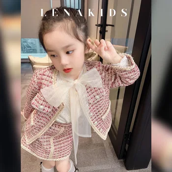 Новият Костюм за момичета 2022 година, есента и зимата рокля, Уличен Модерен Комплект от две части, на Корейското детско Палто + Къса пола, комплект дрехи за малките момичета