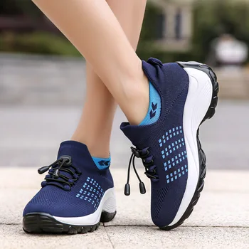 Обувки, дамски ежедневни обувки на танкетке, 2022, вязаная обувки дантела, женски маратонки с дишаща мрежа, тенис feminino