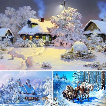 Продажба Сам 5D Диамантена Живопис Зимна Къща Пейзаж, Определени За Кръстат Бод Пълна Бродерия на Снежен Пейзаж на Мозайката е Художествена Картина Декор Подарък