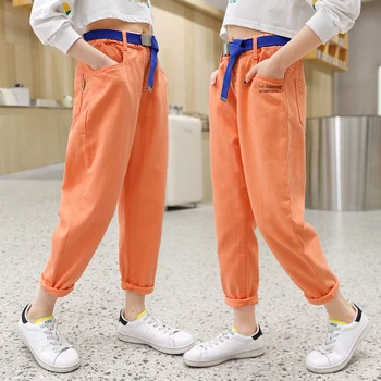 Пролетно-есенни ежедневни оранжеви панталони за по-големите деца с дължина до глезена за момичета от 4 до 15 години, модерна училищна дрехи за тийнейджъри, детски дрехи, ежедневни панталони