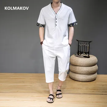 (Риза + панталон 2021 лятна мода мъжка риза, памучни и ленени ризи, мъжки ежедневни ризи, мъжки пълни размери на M-5XL