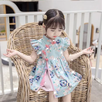 Рокли Чонсам за малки момичета 2022 г., Летни Нови Детски рокля в китайски стил, с цветове, с дълъг ръкав в Ретро стил с Окачване Hanfu