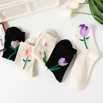 Сладки Чорапи с 3D Цветен Модел във формата на Лале, Обикновена Прекрасни Памучни Чорапи в стил Kawai с Цветя Модел във формата на Лале за Момичета, Harajuku Calcetines