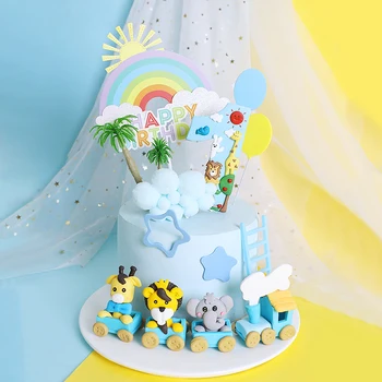 Сладкиши топката торта декорация карикатура влак животни мека керамика маймуна, слон, жираф картичка за рожден ден