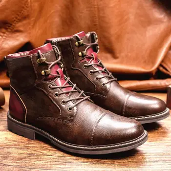 Стилни Нови Високи мъжки Кожени обувки в стил ретро, на Модела на Бизнес Работни Кафяви Мъжки Обувки На плоска подметка С шнур, Ежедневни Удобни мъжки обувки