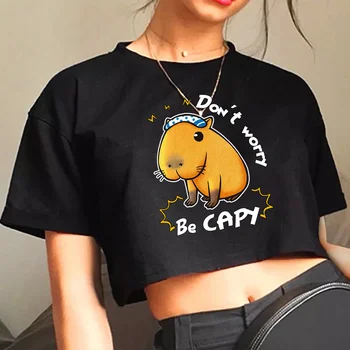 Тениска с изображение на капибары, графична фея, гръндж, съкратен топ за момичета, готическата корея, модни дрехи Kawaii, съкратен топ