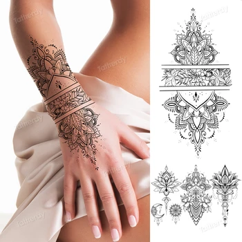 фалшива татуировка с къна мандала lotus цветя, бижута арабската индийски, египетски татуировка ръкав пръста си ръка татуировка на гърдите черен водоустойчив
