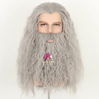 Хелоуин Мъжки Cosplay Перука магьосник сив Синтетични косми е сив, сребърен къдрава дълга коса Костюм Игри Перука, Брада Набор от