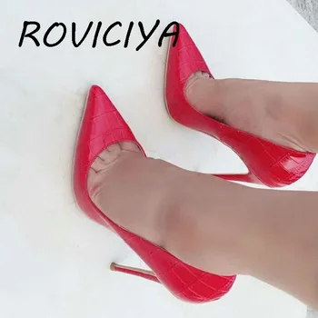 Червени Дамски Обувки на висок ток 12 см, Модни Дамски Обувки-лодка На Висок ток с остър пръсти, Сватбени и Вечерни Обувки На Висок Тънък ток QP054 ROVICIYA