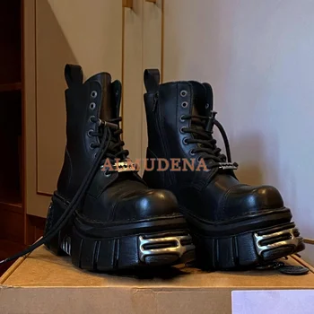 Черни Маратонки в стил пънк, Женски Ботильоны на платформата с кръгло бомбе и шнур, Стръмни Кожени Обувки с метално покритие, дамски обувки, Новост 2022 г.