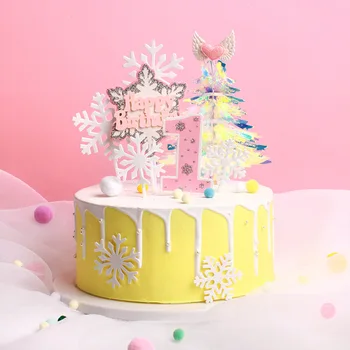 Честит Рожден Ден Торта Topper Цветна Коледно Дърво 1-ви Рожден Ден на Детски Душ Розово Буле Момиче или Момче, Снежинка Торта Topper