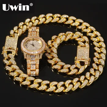 UWIN Хип-Хоп Колие 2 см Crystal Маями Кубински Гривна-Верига Набор от Часа на Кристали и Бижута С Сплав Колиета За Мъже